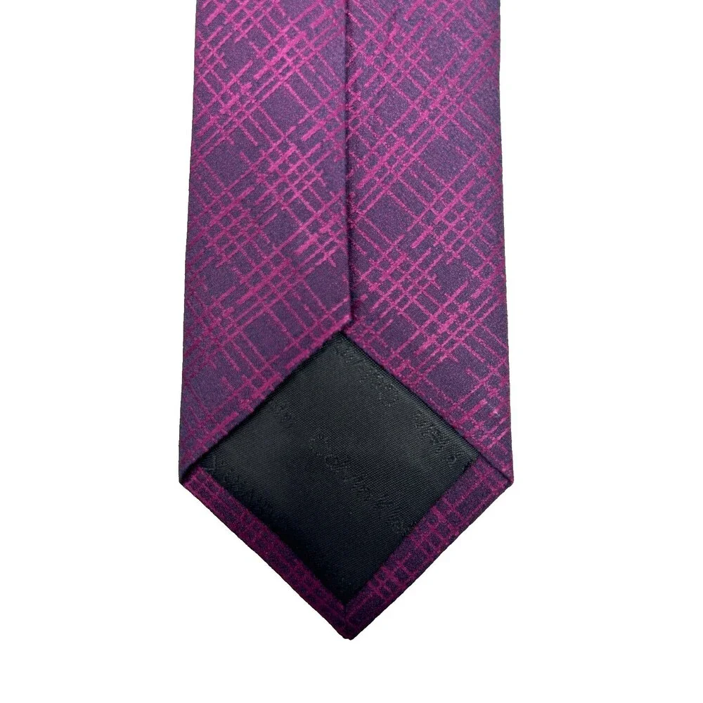 Calvin Klein Men’s Tie‎ Purple Magenta Plaid Geometric Skinny  57.5